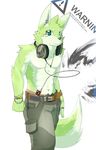 anthro basil_(pixiv) belt biceps black_nose boxers bracelet carpenter_jeans clothing ear_piercing fur green_day green_eyes green_fur headphones jewelry looking_at_viewer male mp3_player muscles pants pecs piercing pose product_placement solo standing sum_kemono toned topless underwear 