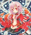  bare_shoulders black_legwear breasts center_opening cleavage detached_sleeves fingerless_gloves gloves guilty_crown hair_ornament hairclip long_hair looking_at_viewer medium_breasts mizame navel open_mouth pink_hair red_eyes shikishi solo thighhighs traditional_media twintails yuzuriha_inori 