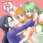  angry blue_eyes breast_press breasts chikaburo green_eyes green_hair large_breasts monet monet_(one_piece) nami nami_(one_piece) nico_robin one_piece orange_hair symmetrical_docking tears wings 