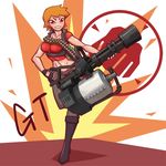  1girl boots breasts bullet bullets female genderswap gloves gotwin gun midriff minigun orange_hair red_eyes shiny shiny_skin short_hair solo team_fortress_2 the_heavy weapon 