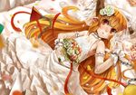  blonde_hair blush chain dress flat_chest flowers ibuki_suika long_hair nishiuri petals pointed_ears red_eyes rose shackles touhou wedding_attire 