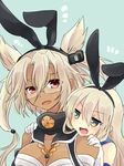  2girls :d bare_shoulders between_breasts blonde_hair blush breasts cleavage closed_eyes dark_skin glasses gloves hair_ribbon kantai_collection large_breasts long_hair multiple_girls musashi_(kantai_collection) nagasioo on_shoulder open_mouth pointy_hair red_eyes ribbon rimless_eyewear rope sarashi shimakaze_(kantai_collection) smile upper_body white_gloves yellow_eyes 