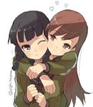  :t ;t artist_name bangs black_eyes black_hair blunt_bangs brown_eyes brown_hair clenched_hands couple green_shirt heart hug hug_from_behind kantai_collection kitakami_(kantai_collection) long_hair looking_at_another multiple_girls nuzzle ooi_(kantai_collection) school_uniform serafuku shirt sidelocks signature simple_background smile touyama_eight twitter_username white_background yuri 