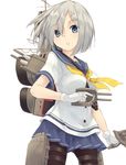  bad_id bad_pixiv_id blue_eyes breasts gloves hair_ornament hairclip hamakaze_(kantai_collection) kantai_collection looking_at_viewer marai_shin medium_breasts pantyhose school_uniform serafuku short_hair short_sleeves silver_hair solo turret weapon white_background white_gloves 