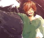  blush brown_hair dragon eyes_closed hair hiccup_(httyd) how_to_train_your_dragon human male mammal motott night_fury scalie smile toothless wings 
