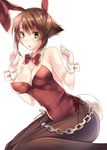  amane_ruri animal_ears bad_id bad_pixiv_id blush bow bowtie breasts brown_hair bunny_ears bunny_girl bunny_tail bunnysuit chain cleavage detached_collar green_eyes hands_up kantai_collection large_breasts mutsu_(kantai_collection) open_mouth pantyhose short_hair simple_background solo tail white_background wrist_cuffs 