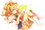  1girl blonde_hair boots bow bowtie brooch commentary_request cure_honey frills full_body hair_bow happinesscharge_precure! highres jewelry knee_boots long_hair magical_girl nishigyou_teraa oomori_yuuko photoshop_(medium) precure ribbon skirt smile solo wide_ponytail wrist_cuffs yellow_eyes yellow_skirt 