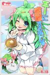  1girl ;p blue_eyes fang fork from_above green_hair holding humanization long_hair one_eye_closed pancake pancakes personification pokemon rakkogawa_rinro shaymin solo tongue tongue_out translation_request wink 