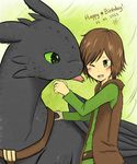  belt blush brown_hair clothed clothing cute dragon duo eye_contact feral fur_vest green_eyes grey_scales hair harness hiccup_(httyd) how_to_train_your_dragon human male mammal night_fury one_eye_closed open_mouth scalie smile sylvia65charm tongue tongue_out toothless wings 