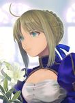  ahoge artoria_pendragon_(all) bad_id bad_pixiv_id blonde_hair dress fate/stay_night fate_(series) flower green_eyes highres lily_(flower) pero_(pprmpprm) saber solo 
