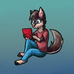  3ds blue_eyes brown_fur canine clothing cothing dog eyewear fringe fur gamer gaming glasses hindpaw holding husky jeans klippy luca mammal mario mario_bros mario_kart nintendo nintendo_3ds nintendo_ds paws plain_background shirt sitting_down smile video_games 