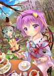  black_tea blush bow cake chair checkerboard_cookie chocolate_chip_cookie cookie cup day dutch_angle food frills garden green_eyes green_hair hairband hat hat_bow jam_cookie kakao_rantan komeiji_koishi komeiji_satori macaron multiple_girls outdoors pink_eyes pink_hair plate sandwich siblings sisters sitting strawberry_shortcake sugar_bowl sugar_cube table tea tea_set teacup teapot third_eye tiered_tray touhou wariza wide_sleeves 