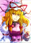  blonde_hair bow breasts dress hair_bow large_breasts long_hair parasol purple_eyes samuimu smile solo touhou umbrella yakumo_yukari 