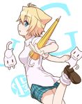  :3 blonde_hair blue_eyes cat closed_umbrella gj-bu kirara_bernstein komore looking_at_viewer open_mouth plaid school_uniform short_hair solo umbrella white_cat 