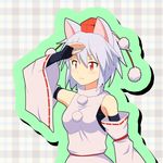  animal_ears cato_(monocatienus) checkered checkered_background detached_sleeves hand_on_forehead hat inubashiri_momiji looking_afar red_eyes short_hair solo tokin_hat touhou white_hair wolf_ears 