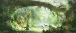  bird cape commentary_request day deer eagle flower hat highres jungle landscape lost_elle nature palm_tree pixiv_fantasia pixiv_fantasia_fallen_kings plant rainbow rock scenery solo statue stone sword tree vines water waterfall weapon 