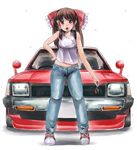  alternate_costume bad_id bad_pixiv_id bow breasts brown_hair camisole car casual contemporary denim full_body ground_vehicle hair_bow hair_tubes hakurei_reimu hand_on_hip highres jeans key long_hair looking_at_viewer maru_daizu_(aqua6233) medium_breasts midriff motor_vehicle navel open_mouth pants pink_eyes shadow shoes simple_background sneakers solo touhou toyota toyota_starlet white_background 