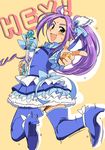  blue_footwear boots cure_beat guitar instrument jumping koyama_shigeru kurokawa_eren long_hair looking_back love_guitar_rod magical_girl pointing pointing_at_viewer precure purple_hair seiren_(suite_precure) skirt smile suite_precure thigh_boots thighhighs yellow_eyes 