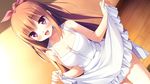  apron apron_lift blush breasts cleavage dutch_angle fang game_cg highres kanekiyo_miwa kurano_kun_chi_no_futago_jijou kurano_mikoto long_hair medium_breasts naked_apron official_art open_mouth orange_hair solo 