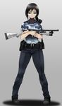  glasses gun highres legs_apart looking_at_viewer onibi_(foxhound4185) original police police_uniform policewoman remington_870 shirt shotgun solo taut_clothes taut_shirt uniform weapon 