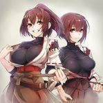  black_shirt breasts brown_eyes brown_hair grin hair_ribbon highres hyuuga_(kantai_collection) impossible_clothes ise_(kantai_collection) japanese_clothes kantai_collection kimono large_breasts looking_at_viewer multiple_girls open_clothes open_kimono ponytail ribbon shirt short_hair simple_background sketch skin_tight smile taishi_(picchiridou) 