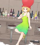  alcohol bar bar_stool blonde_hair bottle breasts brown_eyes cherry cleavage commentary_request dress drinking drinking_straw dropper dutch_angle english food fruit glass hat highres medium_breasts original personification sandals short_hair solo stool yajirushi_(chanoma) 