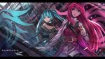  akatsuki_arrival_(vocaloid) aqua_eyes aqua_hair artist_name bad_id bad_pixiv_id belt dress hatsune_miku letterboxed long_hair megurine_luka multiple_girls red_hair swd3e2 twintails very_long_hair vocaloid 