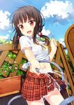  :d bangs blue_sky brown_hair cloud collared_shirt commentary_request day dutch_angle highres hose long_hair low_twintails midriff navel open_mouth original outdoors plaid plaid_skirt pleated_skirt red_eyes school_uniform see-through shiratori_senri shirt short_sleeves short_twintails skirt sky smile solo tied_shirt twintails water wet wet_clothes wet_shirt yuuri_nayuta 