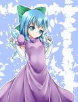  arms_up blue_background blue_eyes blue_hair bow cirno cosplay dress elbow_gloves gloves hair_bow high_collar kirimori_toya looking_at_viewer puffy_short_sleeves puffy_sleeves purple_dress short_sleeves smile solo touhou wings yakumo_yukari yakumo_yukari_(cosplay) 