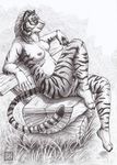  bench breasts feline female fur kirsch mammal nipples nude sitting solo stripes tiger 