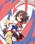  black_hair bow directional_arrow dress horns kijin_seija leg_up multicolored_hair red_eyes red_hair senba_chidori short_hair short_sleeves smile solo streaked_hair thumbs_down tongue tongue_out touhou white_hair 