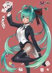  alternate_hairstyle bad_id bad_pixiv_id black_jacket black_ribbon boots brooch card center_frills collared_shirt dice fishnet_pantyhose fishnets gloves green_eyes green_hair hatsune_miku high_ponytail jacket jewelry long_hair long_sleeves magician magician_(module) miracle_paint_(vocaloid) no_hat no_headwear one_eye_closed pantyhose poker_chip ponytail project_diva project_diva_(series) ribbon shaka8 shirt solo tailcoat thigh_boots thighhighs very_long_hair vocaloid white_gloves white_shirt 