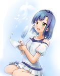  :d blue_hair braid green_eyes idolmaster idolmaster_million_live! komore nanao_yuriko open_mouth paper quill short_hair sitting smile solo writing 