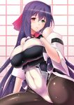  asama_tomo blush bodysuit breasts covered_navel green_eyes heterochromia huge_breasts kyoukaisenjou_no_horizon light_smile lintanghaseo lips long_hair looking_at_viewer pantyhose purple_hair red_eyes shiny shiny_clothes solo very_long_hair 