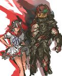  armor berserker_predator black_hair crossover dress fishnets gauntlets glowing glowing_eye green_eyes hairlocs helmet highres horns kijin_seija mr._black nameo_(judgemasterkou) neckerchief pauldrons predator predator_(movie) red_eyes red_hair short_hair shoulder_cannon simple_background skirt touhou white_background white_hair 