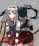  archery artist_name black_hair bow_(weapon) bracer brown_eyes gloves grey_background hairband japanese_clothes kantai_collection kyuudou long_hair looking_at_viewer miko multiple_girls muneate open_mouth partly_fingerless_gloves red_skirt ribbon shoukaku_(kantai_collection) signature silver_hair skirt touyama_eight twintails twitter_username weapon yugake zuikaku_(kantai_collection) 