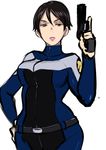  belt black_hair bodysuit breasts brown_eyes butcha-u disk_wars:_avengers gun hand_on_hip handgun jitome large_breasts lips maria_hill marvel pistol short_hair slender_waist solo trigger_discipline weapon 