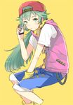  aqua_eyes aqua_hair blush casual cellphone hat hatsune_miku holding kagerou_days_(vocaloid) long_hair pants phone ponytail project_diva_(series) project_diva_f_2nd shirt short_sleeves simple_background smartphone solo sowosuke vocaloid yellow_background 