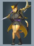  angry areola big_breasts black_nose blush boots breasts clothed clothing feline female fur hair hat jacket littlenapoleon looking_down lynx mammal open_mouth orange_fur orange_hair short_hair shorts solo standing thighs weapon yellow_fur 