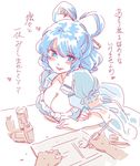  blue_eyes blue_hair blush breasts cleavage drawing dress hair_ornament hair_rings hair_stick kaku_seiga large_breasts mitsumoto_jouji pen shawl short_hair smile solo_focus touhou translation_request 