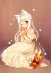  ;) absurdres animal_ears bare_shoulders blue_eyes blush brown_background dress hands_together highres lace_trim long_hair looking_at_viewer one_eye_closed original red_ribbon ribbon sitting smile solo stuffed_animal stuffed_toy teddy_bear tsubasa_tsubasa white_dress white_hair 