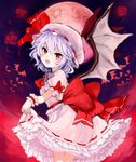  ascot bat bat_wings blue_hair brooch dress dress_lift full_moon hat hat_ribbon jewelry looking_at_viewer mob_cap moon open_mouth pink_dress puffy_sleeves red_eyes red_moon remilia_scarlet ribbon sash short_sleeves smile solo tori_(10ri) touhou wings wrist_cuffs 