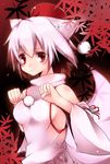  :&lt; animal_ears autumn_leaves bare_shoulders blush breasts detached_sleeves hat inubashiri_momiji leaf looking_at_viewer medium_breasts no_bra pom_pom_(clothes) red_eyes short_hair silver_hair solo tail tokin_hat toufukin touhou wolf_ears wolf_tail 