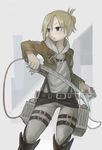  annie_leonhardt blonde_hair blue_eyes cable cropped_jacket dual_wielding emblem folded_ponytail harness holding hood hoodie paradis_military_uniform shingeki_no_kyojin short_hair solo sword three-dimensional_maneuver_gear training_corps_(emblem) weapon yuuho 