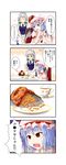  4koma bat_wings blue_eyes blue_hair chips comic commentary cup dagitsune_yuu flower_pot food highres izayoi_sakuya multiple_girls red_eyes remilia_scarlet short_hair silver_hair tea teacup teapot touhou translated wings 