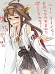  ahoge akino_shuu bare_shoulders brown_hair detached_sleeves english fang hair_bun hair_ornament hairband headgear japanese_clothes kantai_collection kongou_(kantai_collection) laughing leaning_forward long_hair looking_at_viewer nontraditional_miko open_mouth pink_eyes ribbon-trimmed_sleeves ribbon_trim shaded_face shrug skirt solo thighhighs translated troll_face wide_sleeves 