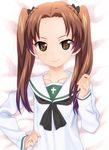  blush brown_eyes brown_hair dakimakura girls_und_panzer hand_on_hip kadotani_anzu long_hair looking_at_viewer okina_ika ooarai_school_uniform school_uniform serafuku smile solo twintails upper_body 