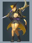  angry areola big_breasts black_nose blush boots breasts chrono_cross clothed clothing crossgender feline female front fur hair hat holding_breasts jacket littlenapoleon looking_down lynx lynx_(chrono_cross) mammal nipples one_breast_out open_mouth orange_fur orange_hair plain_background scythe short_hair shorts solo standing thighs weapon yellow_fur 