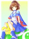  arle_nadja armor armored_dress blue_skirt brown_eyes brown_hair carbuncle_(puyopuyo) half_updo highres liruty madou_monogatari polka_dot polka_dot_background ponytail puyo_(puyopuyo) puyopuyo short_hair skirt 