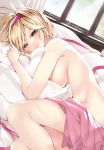  218 areolae arm_up bangs bed blonde_hair blush breasts brown_eyes closed_mouth commentary_request day djeeta_(granblue_fantasy) dutch_angle eyebrows_visible_through_hair fingernails granblue_fantasy hairband hand_up indoors large_breasts looking_at_viewer lying navel nipples nude on_bed on_side pillow pink_hairband pink_ribbon ribbon smile solo window 